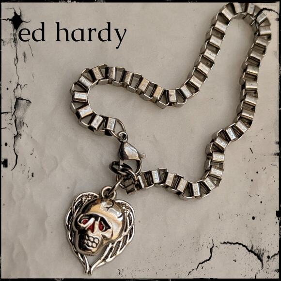 ED HARDY Skull & Wings Charm Bracelet on Silver Stainless Steel Box Chain 8" - Picture 3 of 8